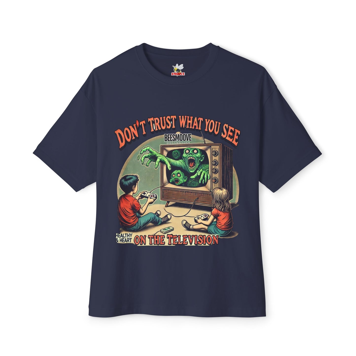 Beesmoove don’t trust what you see on the television Oversized Boxy Tee - Beesmoove 29.88 Beesmoove Navy-3XL