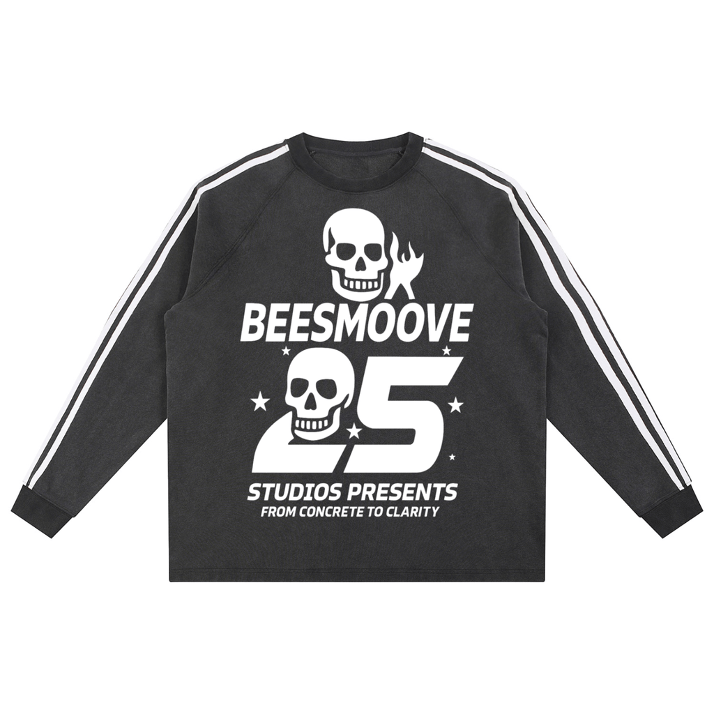 BEESMOOVE Afterlife Skull Drip Snow Washed Contrast Tape Sweatshirt - Beesmoove