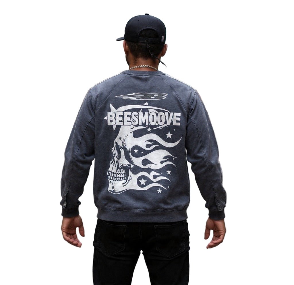 BEESMOOVE Afterlife Skull Drip Snow Washed Contrast Tape Sweatshirt - Beesmoove