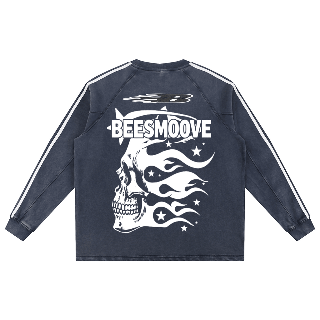 BEESMOOVE Afterlife Skull Drip Snow Washed Contrast Tape Sweatshirt - Beesmoove