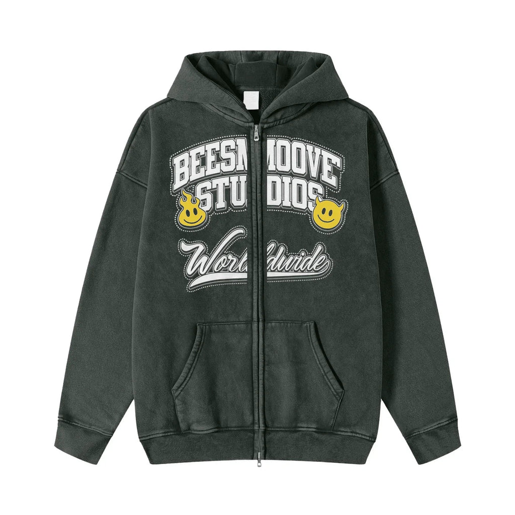 BEESMOOVE BeeSmiles Worldwide Washed Zip - Through Fleece Hoodie - Beesmoove