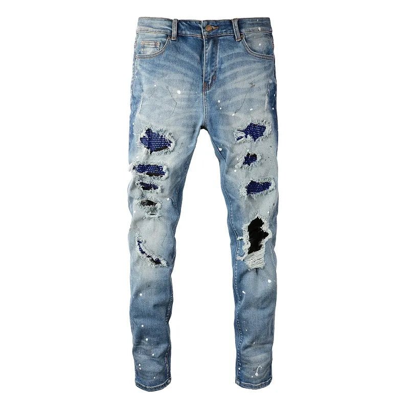 Beesmoove Damage Holes Skinny Stretch Destroyed Rhinestone Ribs Patches Painted Ripped Jeans - Beesmoove