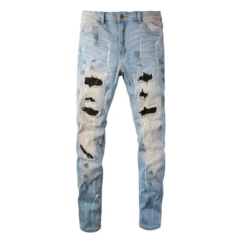 Beesmoove Damage Holes Skinny Stretch Destroyed Rhinestone Ribs Patches Painted Ripped Jeans - Beesmoove