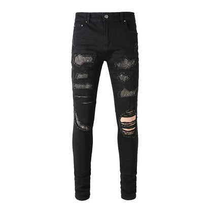 Beesmoove Damage Holes Skinny Stretch Destroyed Rhinestone Ribs Patches Painted Ripped Jeans - Beesmoove