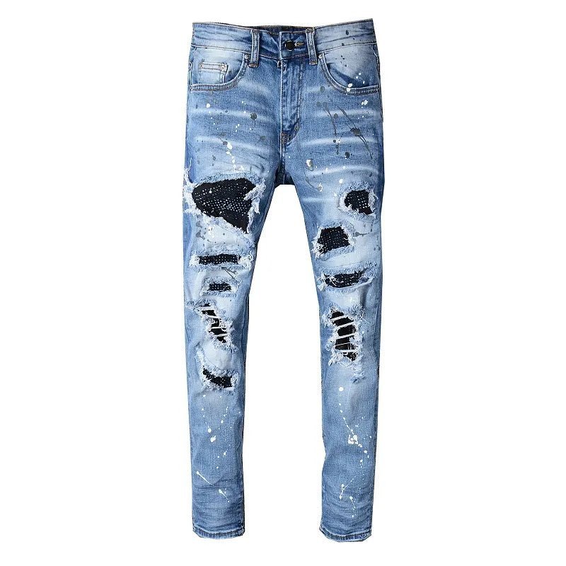 Beesmoove Damage Holes Skinny Stretch Destroyed Rhinestone Ribs Patches Painted Ripped Jeans - Beesmoove