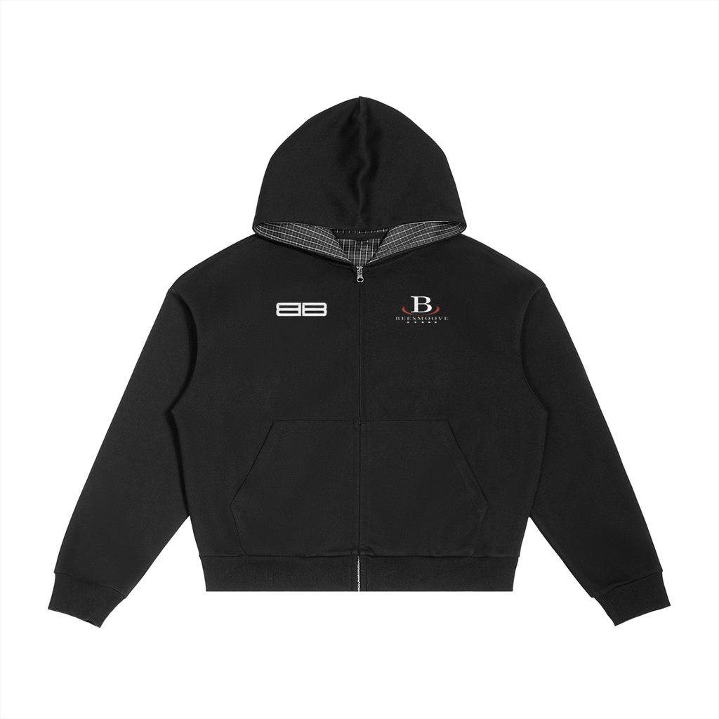 BEESMOOVE Driftwear Contrast Plaid Boxy Zip Hoodie - Beesmoove