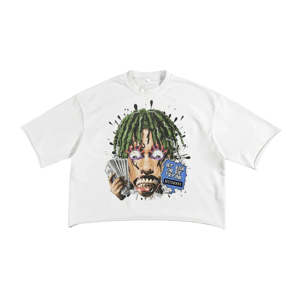 BEESMOOVE Get rich or die trying French Terry Raw Edge T-Shirt - Beesmoove