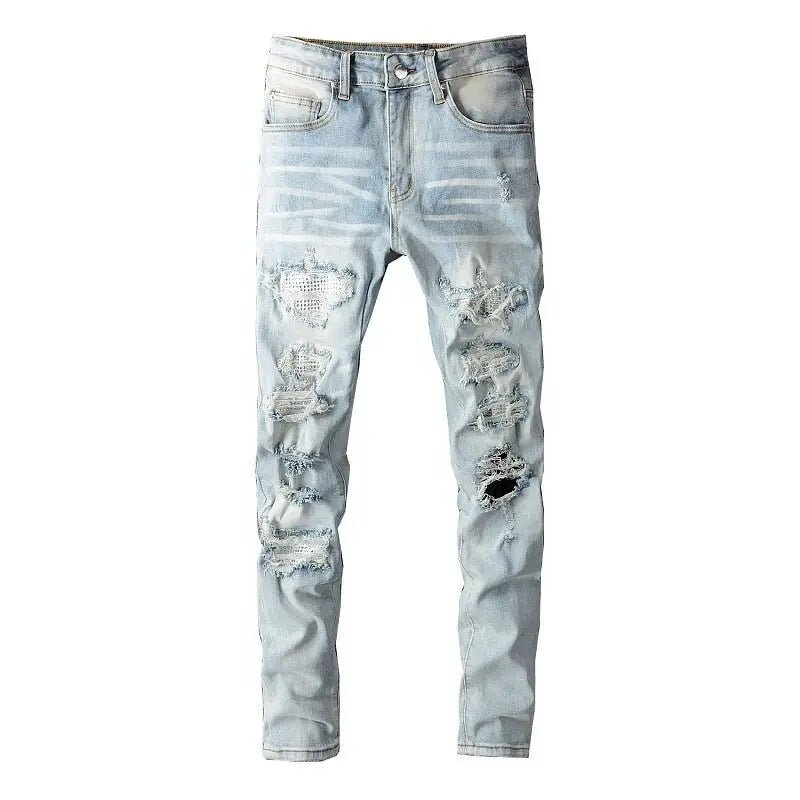 Beesmoove Holes With Rhinestone Slim Fit Stretch Distressed Destroyed Jeans - Beesmoove