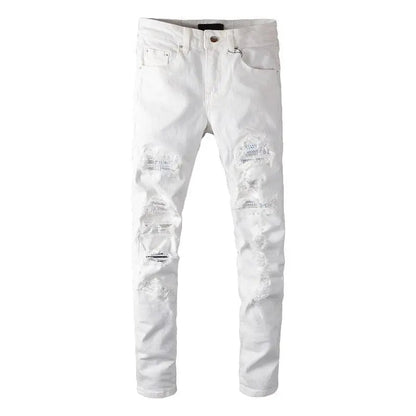 Beesmoove Holes With Rhinestone Slim Fit Stretch Distressed Destroyed Jeans - Beesmoove