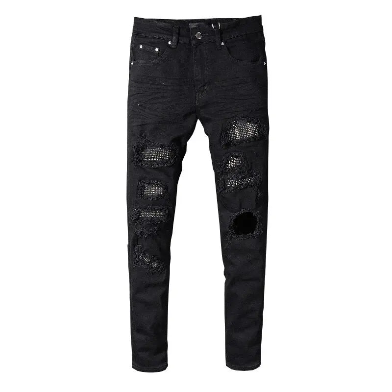 Beesmoove Holes With Rhinestone Slim Fit Stretch Distressed Destroyed Jeans - Beesmoove