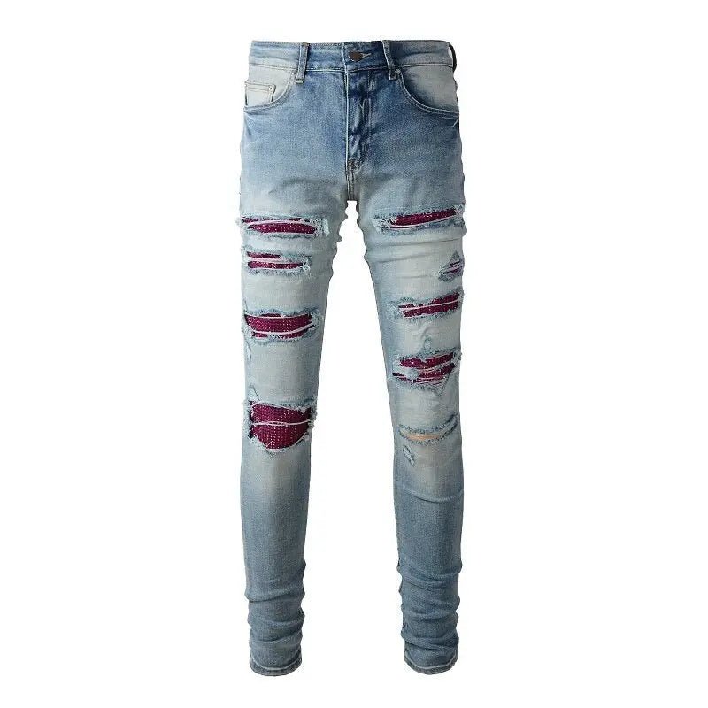 Beesmoove Holes With Rhinestone Slim Fit Stretch Distressed Destroyed Jeans - Beesmoove