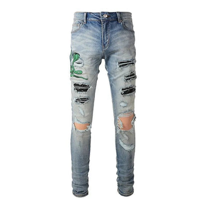 Beesmoove Leather Patch Stretch Denim Skinny Pants Holes Ripped Distreesed Pencil Trousers - Beesmoove