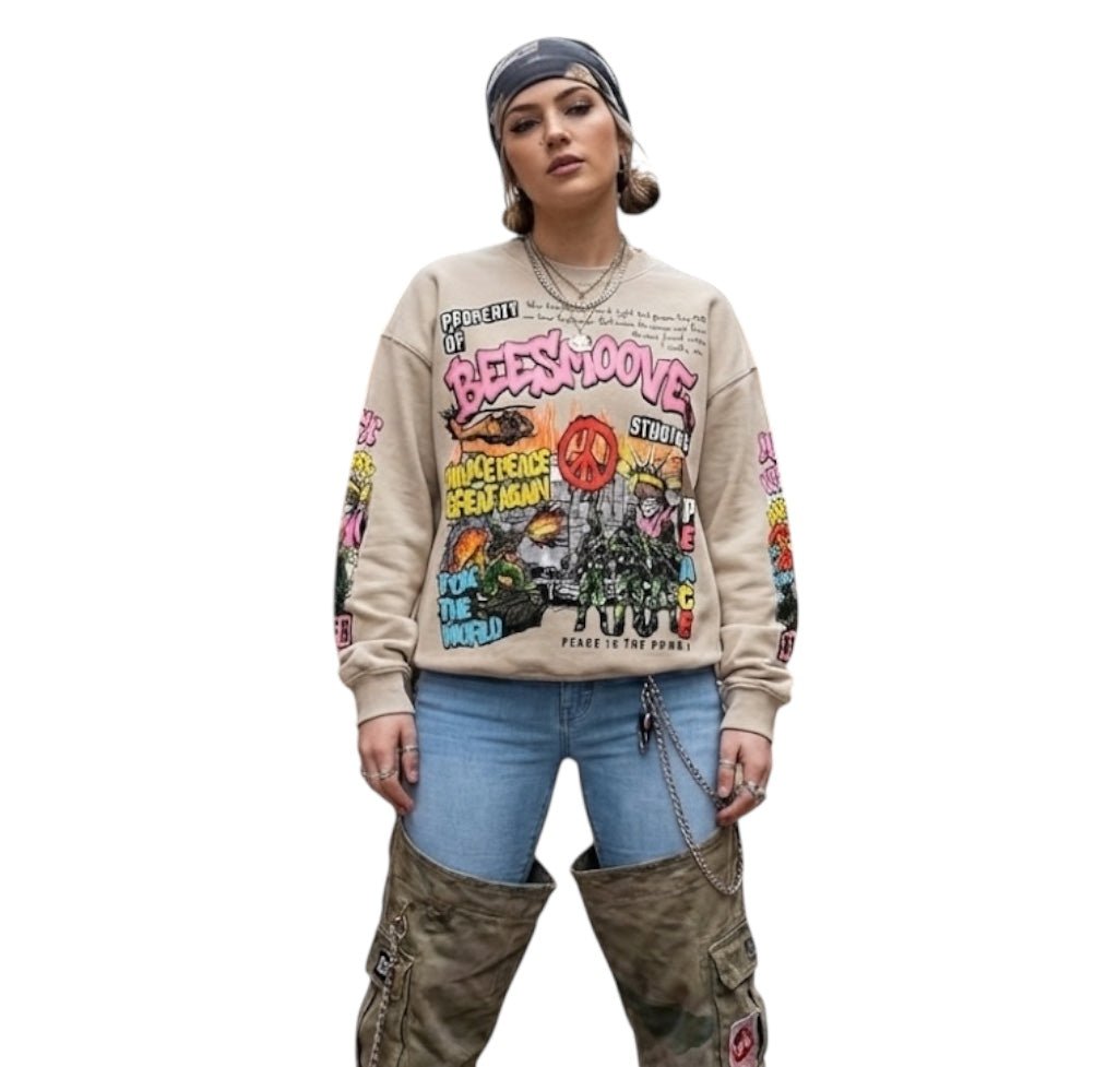 BEESMOOVE MAKE PEACE GREAT AGAIN Washed Oversized Sweatshirt - Beesmoove