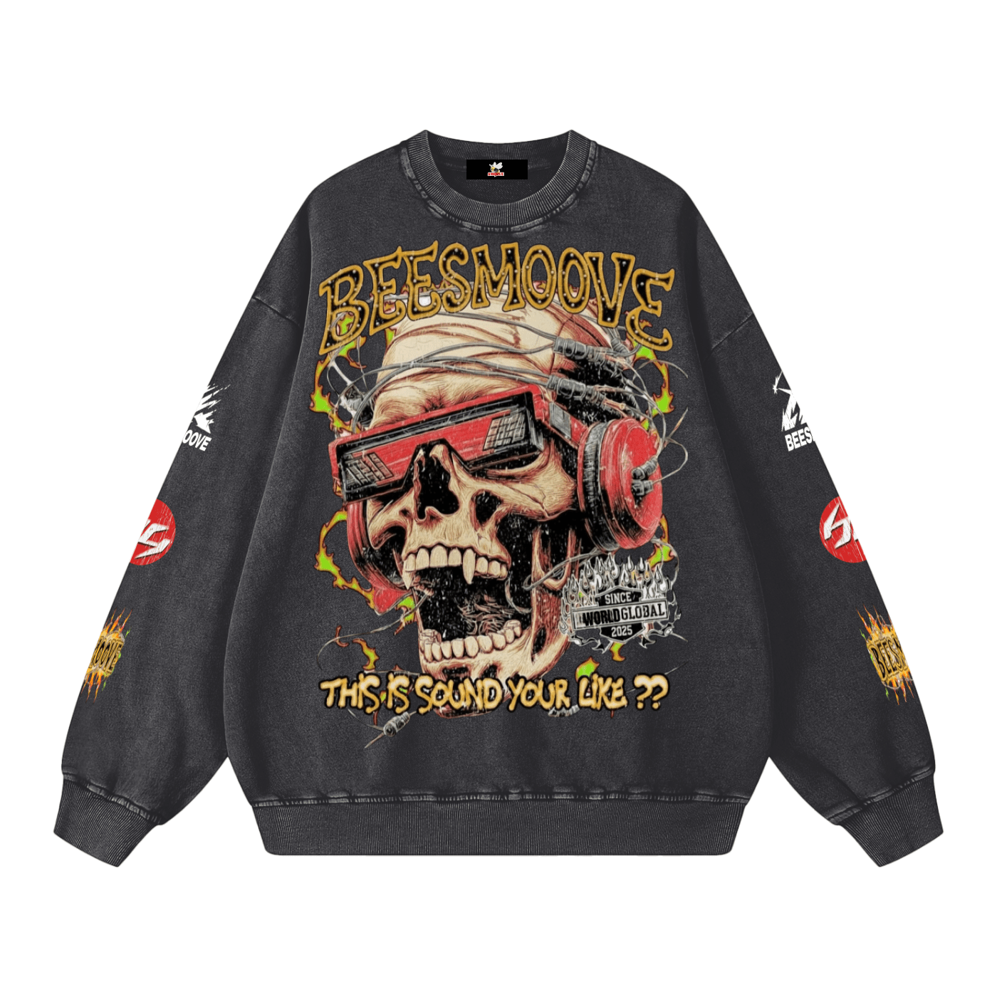 BEESMOOVE Skullwave Global Edition Washed Oversized Sweatshirt - Beesmoove