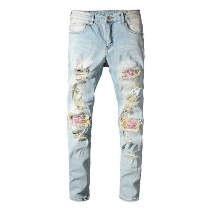 Beesmoove Sokotoo Patchwork Bandanna Paisley Printed Biker Jeans Light blue - Beesmoove