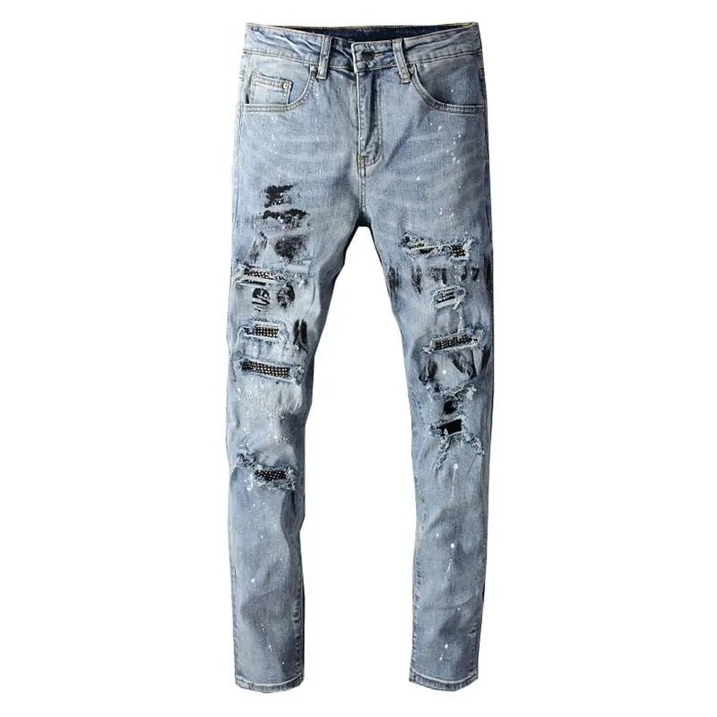 Beesmoove Streetwear Crystal Ink Painted Ripped Jeans - Beesmoove