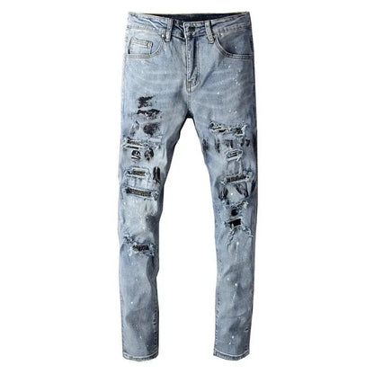 Beesmoove Streetwear Crystal Ink Painted Ripped Jeans - Beesmoove